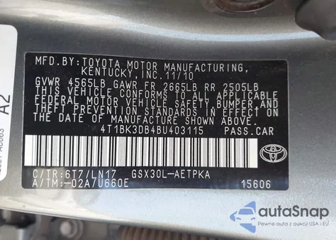 2011 Toyota Avalon Limited z USA, uszkodzony, nr VIN 4T1BK3DB4BU403115